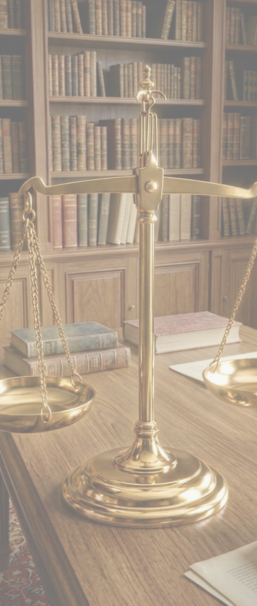 Scales of justice on a desk in a law library
